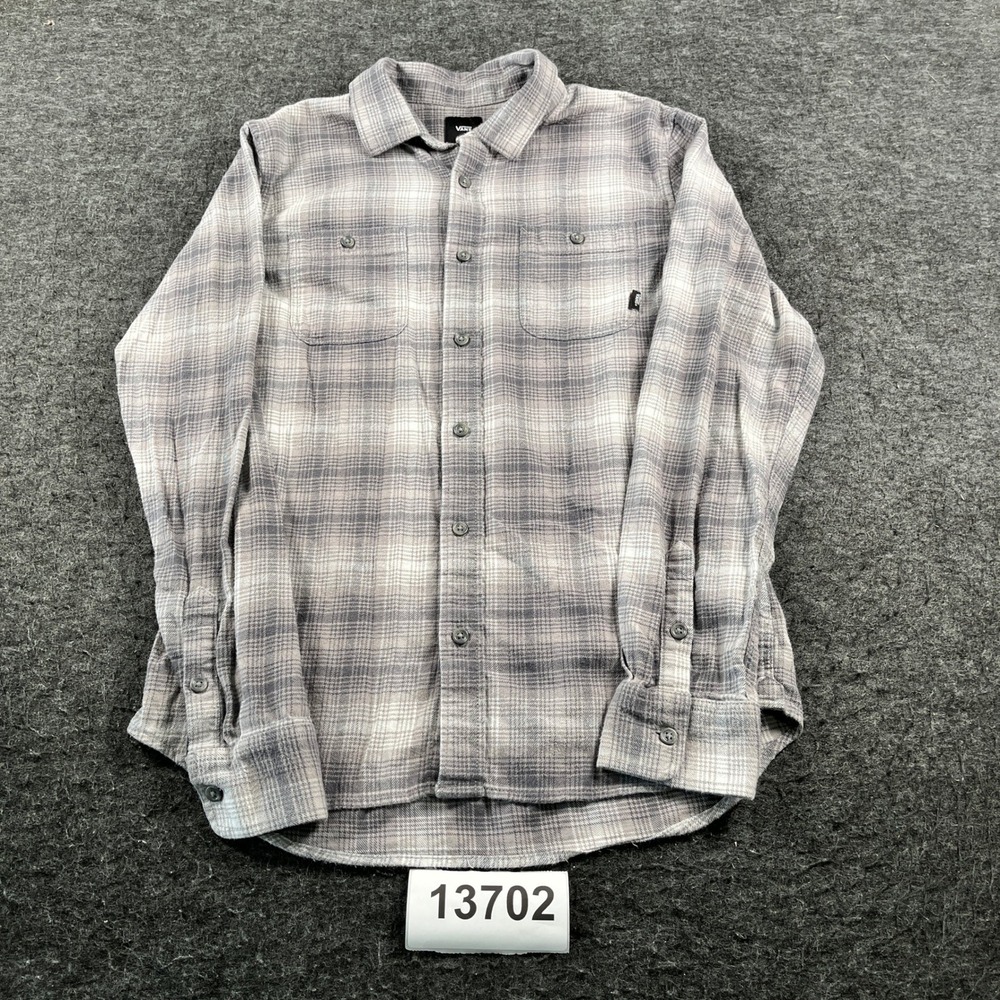 Vans Flannel Shirt Mens S Grey Plaid Tailored Fit Long Sleeve Pockets Button Up
